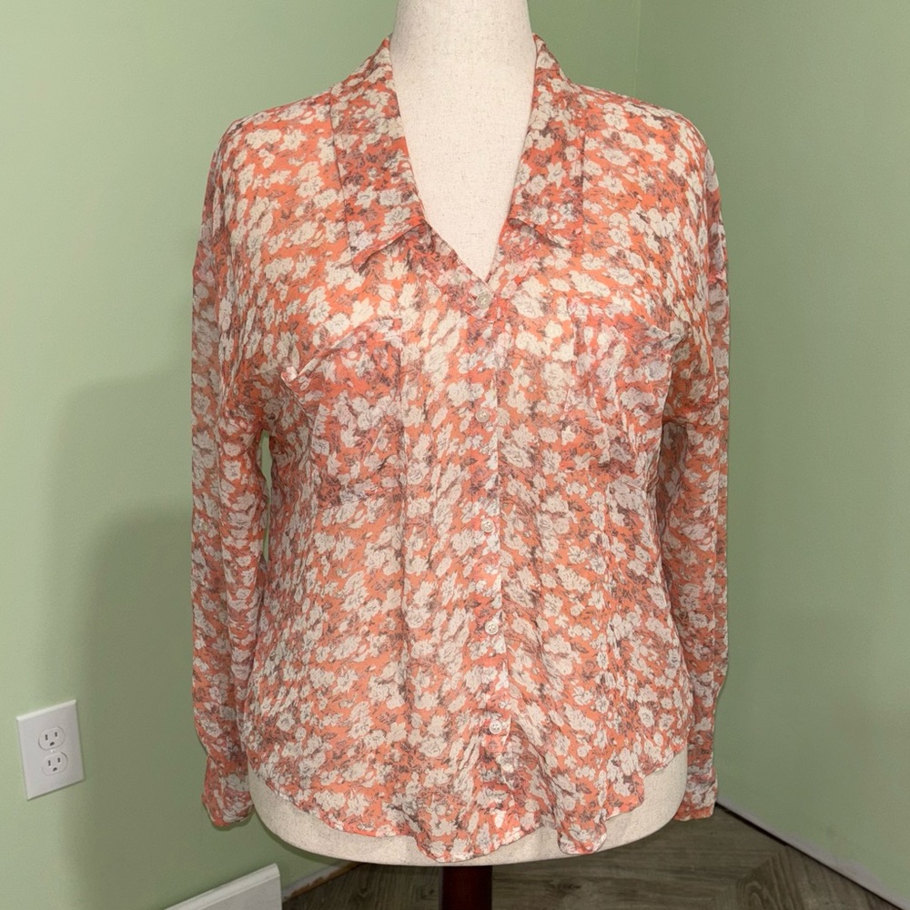 Free People Sheer Floral Button Down Shirt Roll Tab Collared Boho Women’s Sz M